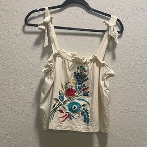 Embroidered Cream Tie-Strap Floral Tank Top